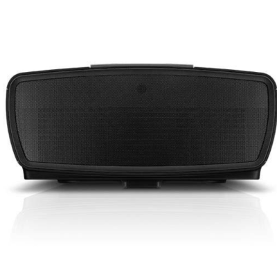 Coluna portátil de som preta com textura de rede metálica