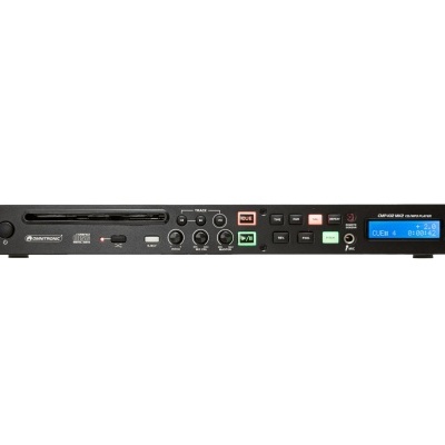 Leitor de áudio digital preto de rack com display azul e botões multicoloridos