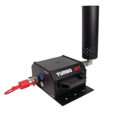 Dispositivo metálico preto com texto TURBO JET e cilindro perfurado