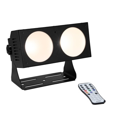 Projetor LED preto com duas luzes circulares e controlo remoto