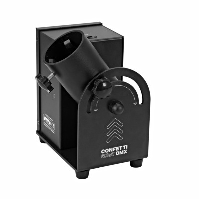 Máquina de confetti preta com tubo inclinado e texto CONFETTI Super FDMX
