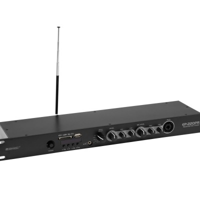 Receptor de áudio profissional preto com antena telescópica e botões frontais