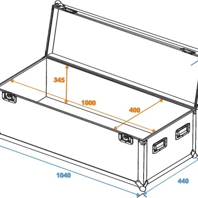 Desenho técnico de baú retangular aberto com dimensões detalhadas.