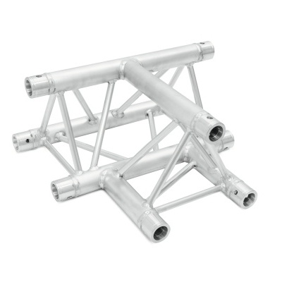 Estrutura metálica modular em alumínio prateado com design triangular