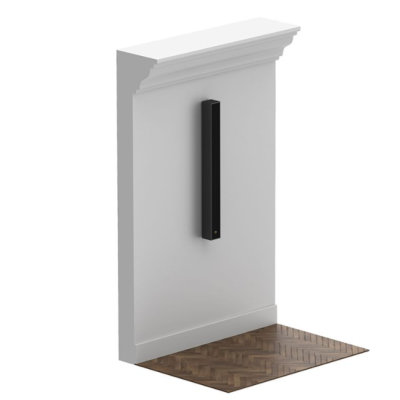 Coluna retangular preta numa parede branca com chão de madeira em padrão espinha de peixe