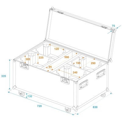 Mala de transporte rígida branca com compartimentos internos e medidas indicadas