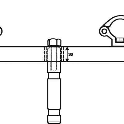 Desenho técnico de barra horizontal com braçadeiras e fixação central