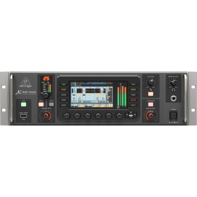 Interface áudio Behringer X32 Rack com display colorido e botões vários