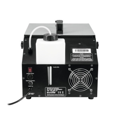 Máquina preta com depósito branco, etiqueta com texto e ventilador, em fundo branco