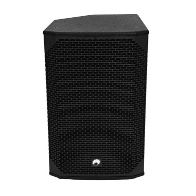 Coluna de som preta com grelha metálica hexagonal