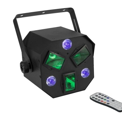 Projetor de luz preto com luzes verdes e roxas, e comando à distância