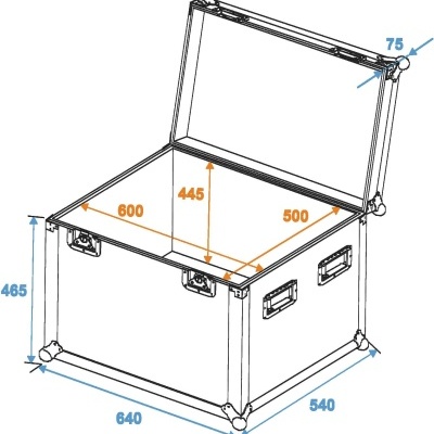 caixa de transporte branca com tampa aberta e dimensões assinaladas