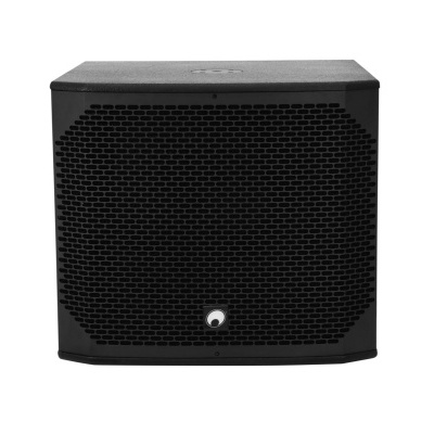 Coluna de som preta com grelha hexagonal e logótipo central