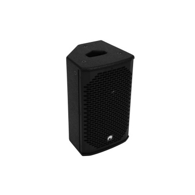 Coluna de som preta com grelha hexagonal e abertura triangular no topo