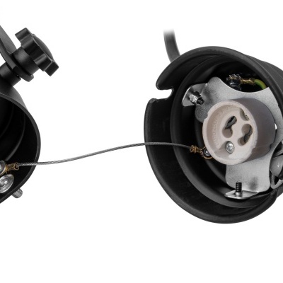 Parte interna de luminária preta com suporte para lâmpada e cabo metálico