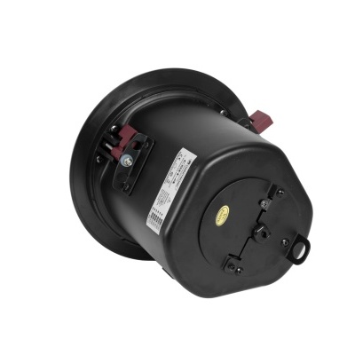 Coluna de som preta redonda vista de trás com etiqueta e componentes