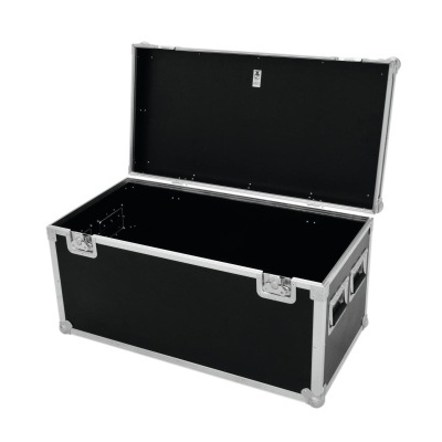 Baú de transporte preto com estrutura em alumínio e tampa aberta