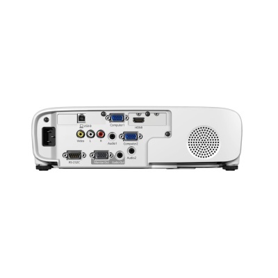 Traseira de projetor branco com portas HDMI, VGA, vídeo, áudio e ventilação