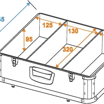 desenho técnico de mala ou caixa com divisórias e medidas em milímetros