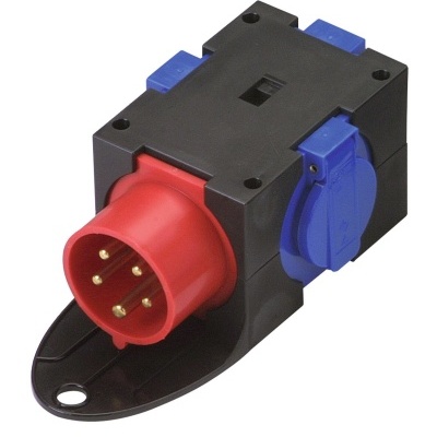 Tomada elétrica industrial preta com conector vermelho e tomadas azuis