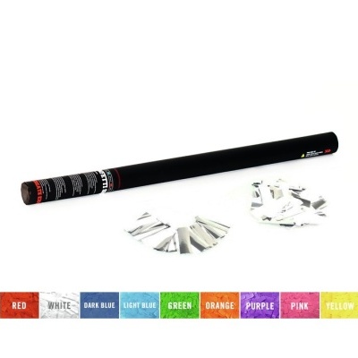 tubo preto junto a pedaços de papel metálico prateado