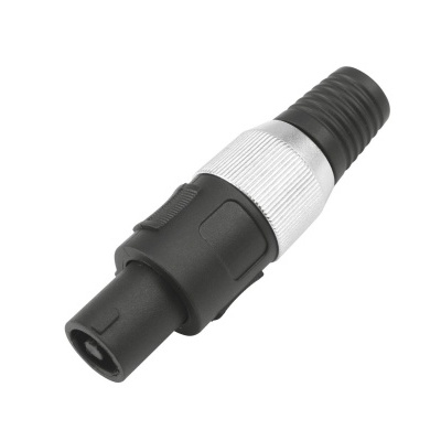 Conector de áudio/vídeo preto e prateado em fundo branco