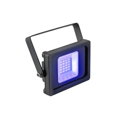 Projetor LED quadrado preto com suporte ajustável e luz azul