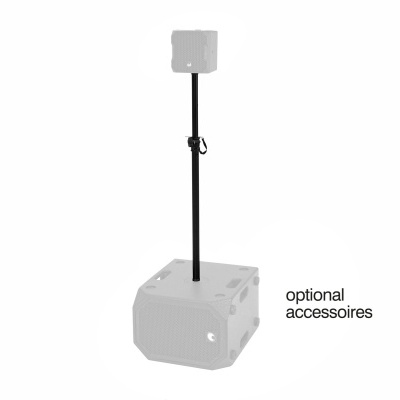 Sistema de som com duas caixas acústicas pretas e suporte ajustável