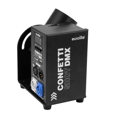 Máquina de confeti Eurolite Confetti Shot DMX preta com conexões e texto visível