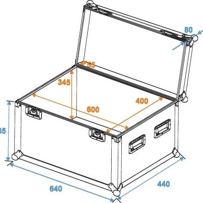 Caixa de transporte técnica com medidas destacadas e tampa aberta.