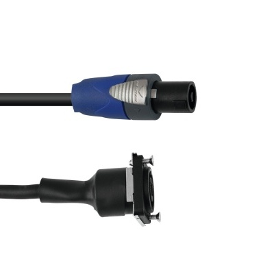 Cabo de áudio com conectores Speakon azul e preto sobre fundo branco