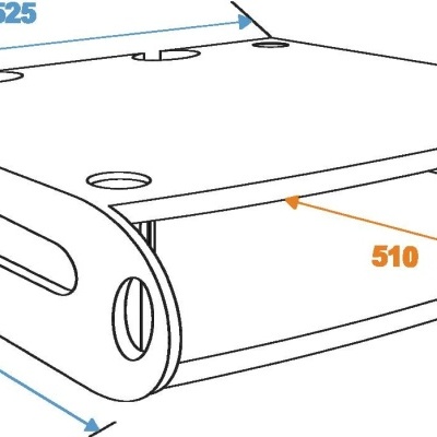 Suporte metálico cinzento para equipamento eletrônico, com dimensões e orifícios visíveis