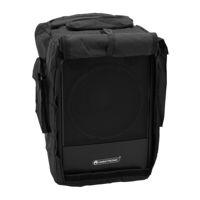 Caixa de som portátil preta com capa protetora e etiqueta Gravity Bags