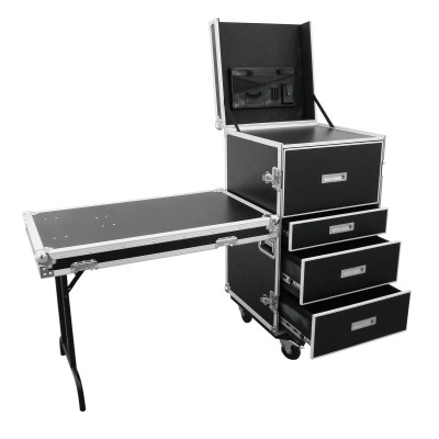 Carrinho preto multiusos com gavetas e superfície retrátil