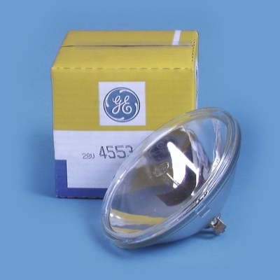 Lâmpada refletora transparente com base metálica e caixa GE amarela e azul