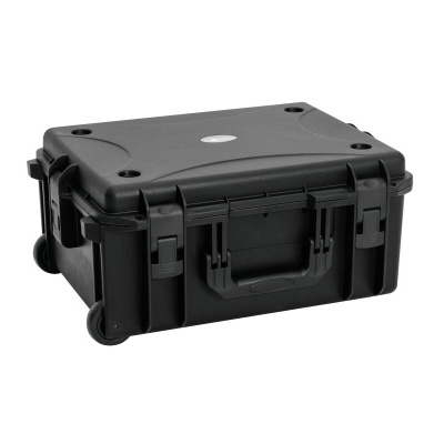 Mala de transporte rígida preta com rodinhas e pega