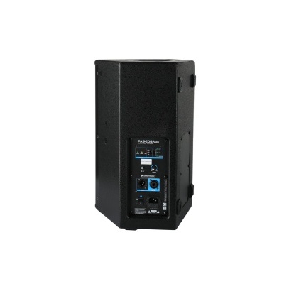 Coluna de som preta com painel traseiro e conexões visíveis