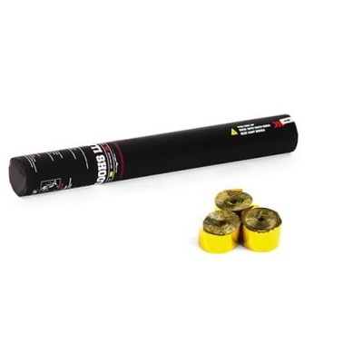 Tubo preto rotulado e três cápsulas amarelas com topo metálico sobre fundo branco