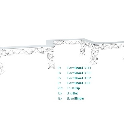 Estrutura modular branca com painéis e suportes triangulados para eventos