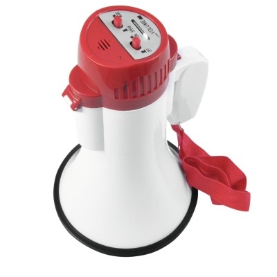 Megafone branco com parte superior vermelha e botões vermelhos