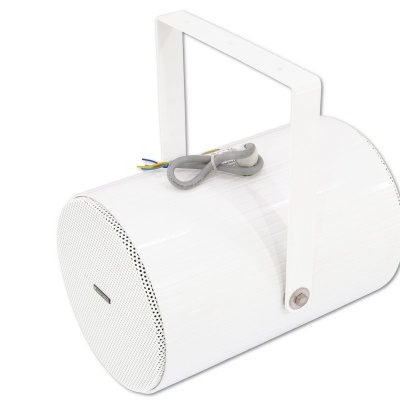 Coluna de som cilíndrica branca com suporte metálico