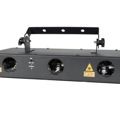 Dispositivo de iluminação preta com três lentes e etiqueta de aviso de laser