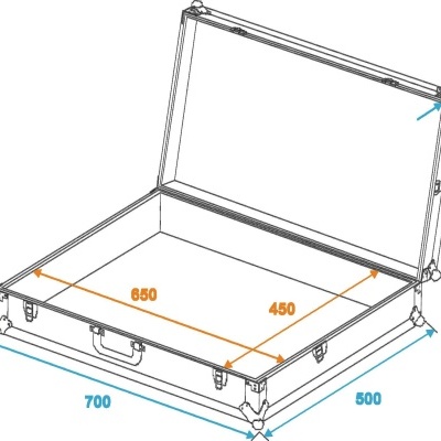 Mala de transporte metálica aberta com medidas indicadas