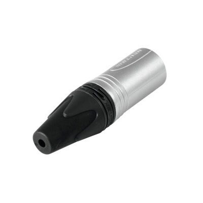 conector XLR fêmea preto e prateado em fundo branco