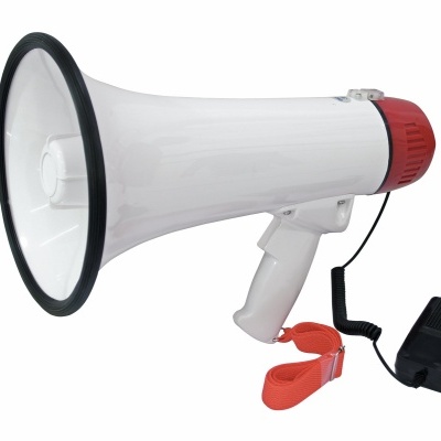 Megafone branco com extremidade vermelha, alça laranja e microfone preto