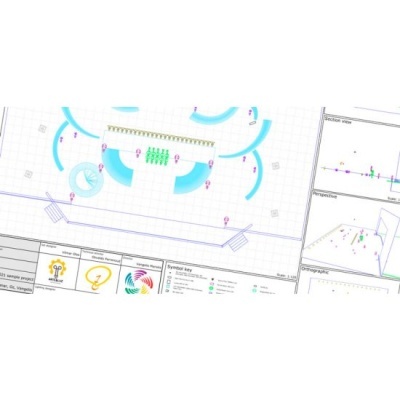 Plano arquitetónico com símbolos coloridos e textos em inglês