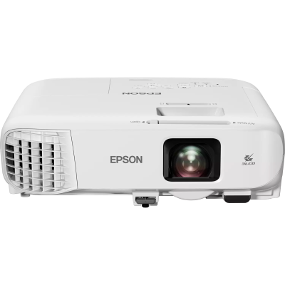 Projetor Epson branco com lente e grelha de ventilação