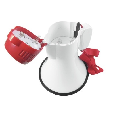 Megafone branco com detalhes vermelhos e microfone acoplado