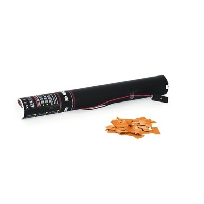 Lançador de confettis preto com confettis laranja sobre fundo branco