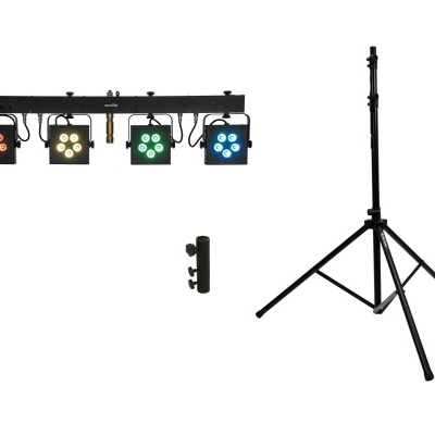 Conjunto de luzes de palco quadradas coloridas e tripé preto